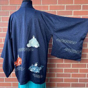 Vintage Japanese Navy Blue Silk Haori Leaf Kimono | Size S-L
